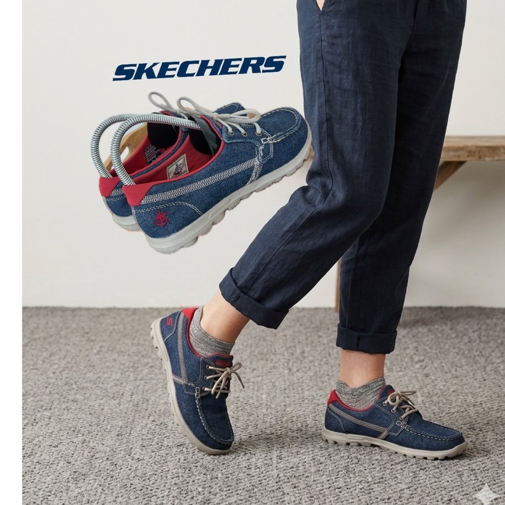 Skechers On-the-GO Boat Shoes Blue Denim Red Anchor 13808 Women 7 comfort